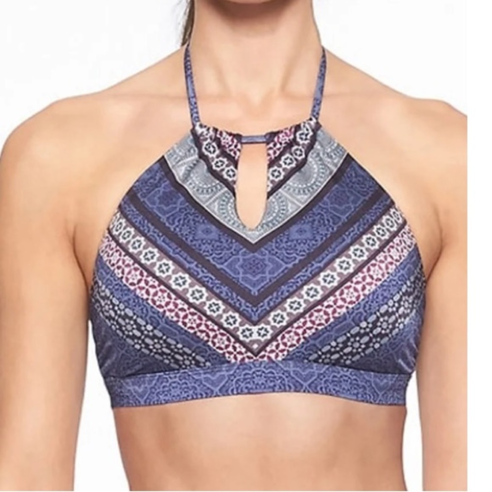Athleta high neck striped chevron bikini top size small blue pink gray